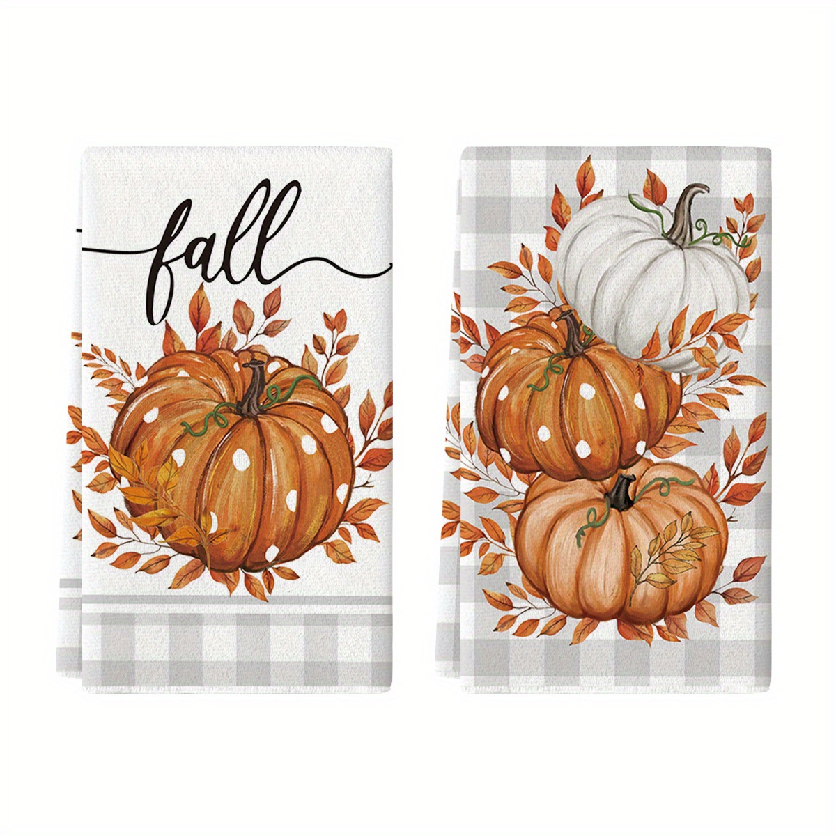 

Sm:)e Wood Buffalo Plaid Pumpkin Leaves Fall Kitchen Towels Dish Towels, 18x26 Inch Seasonal Decoration Hand Towels Set Of 2