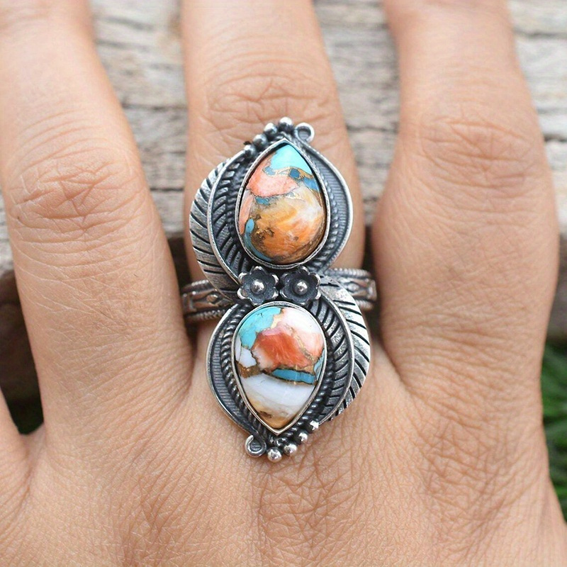 

(center Stone Pattern Random) A Retro Gorgeous Turquoise Women's Fashion Wide Face Personality Design Leaf Lace Ring Perfect For Anniversaries And Birthday Parties And Parties