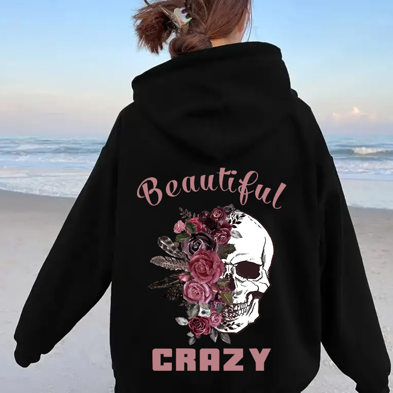 

Skull Print Hoodie, Drawstring Casual Hooded Sweatshirt For Fall & Spring, Women's Clothing