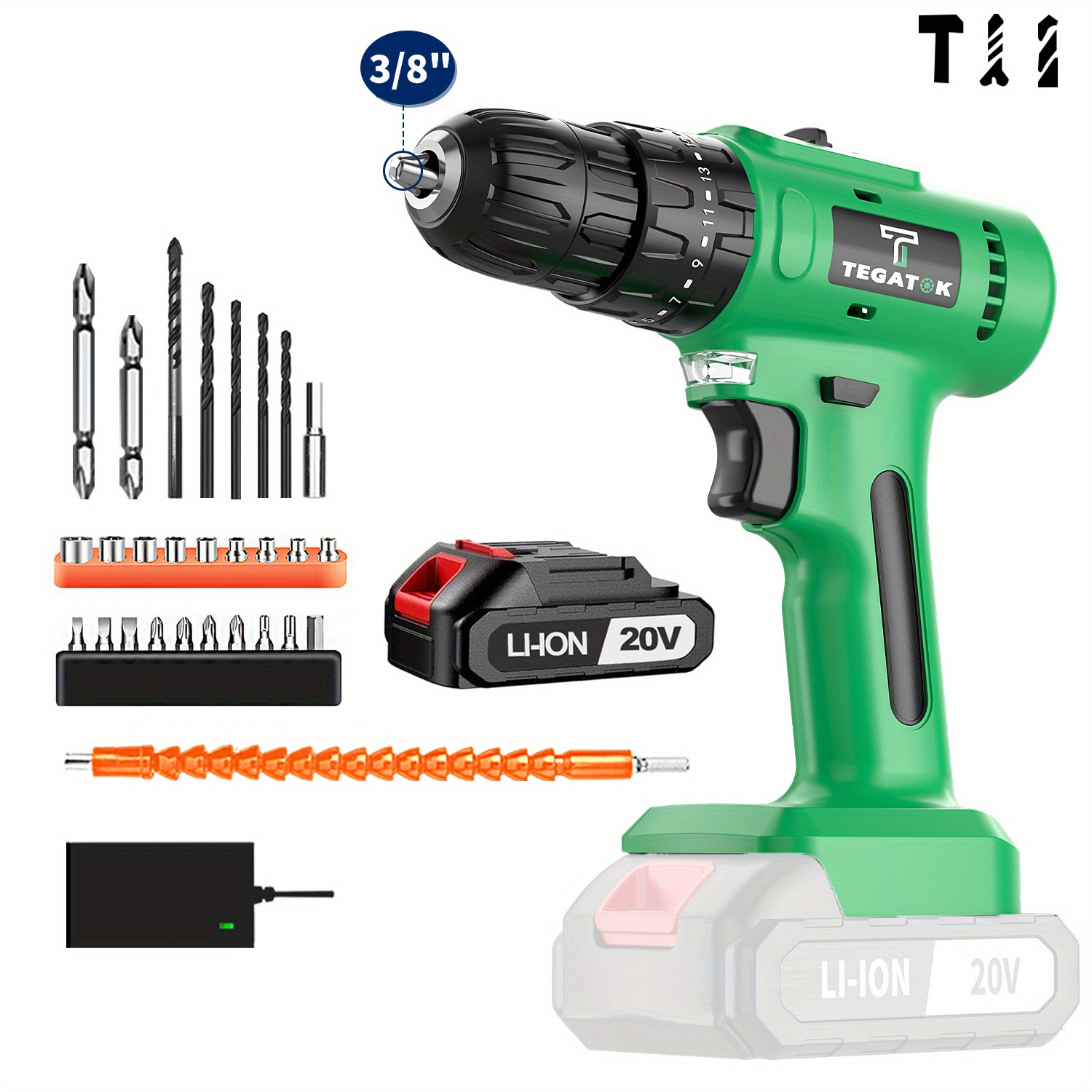 

Tegatok Cordless Drill, Power Drill Set, 20v Impact Drill With 2.0ah Battery And Charger, Electric Drill With 3/8" And 18+3 Torque Setting, 25 Accessories For Drilling And Screwdriving, Repair Tool