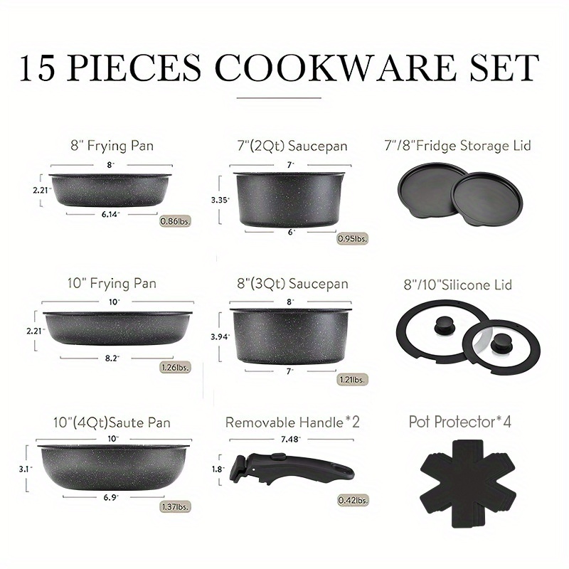 15pcs pots and pans set nonstick cookware set detachable handle induction kitchen cookware sets non stick with oven safe saucepan set details 12