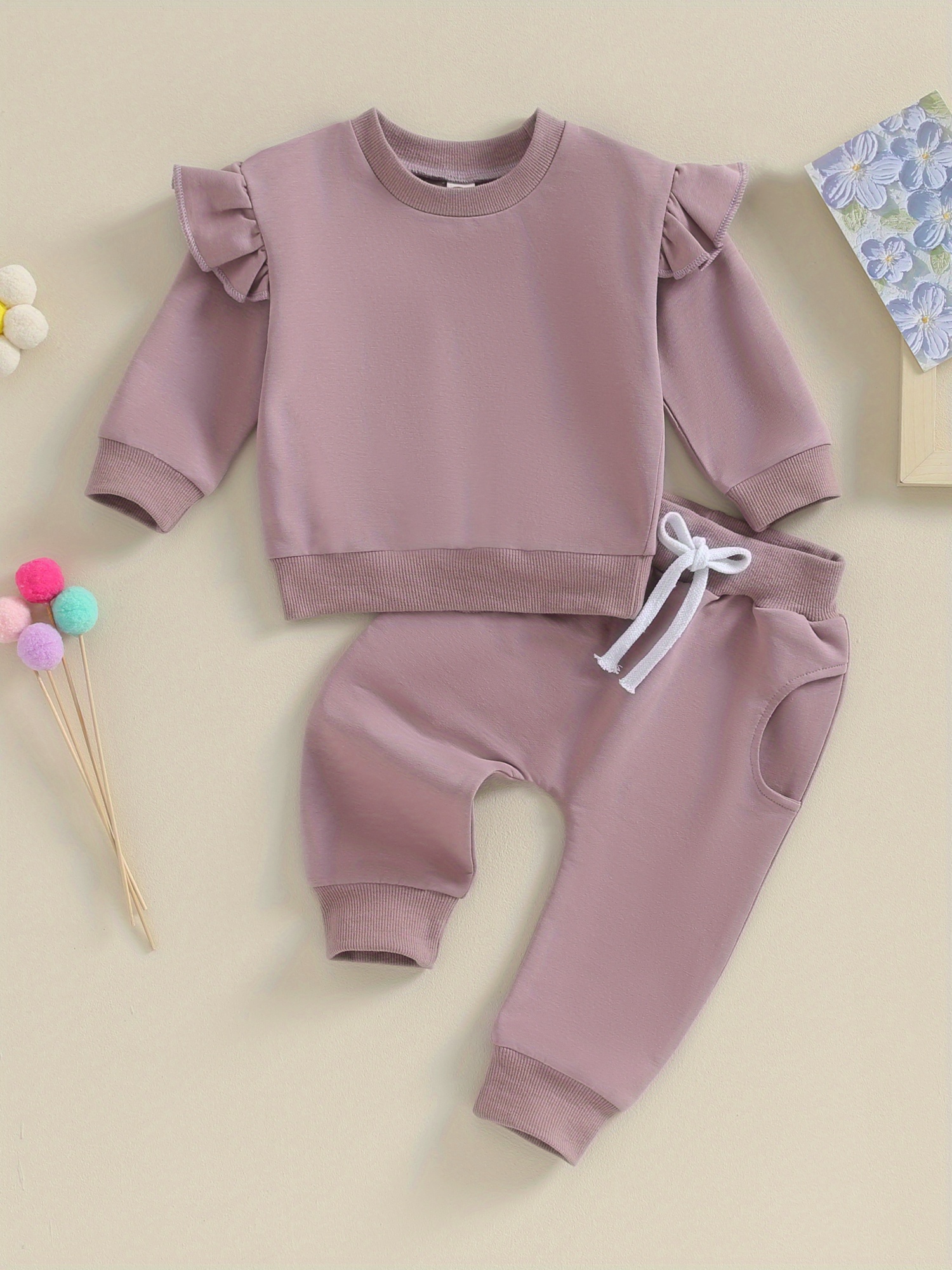 Newborn Infant Baby Girl Clothes Set Ruffle Long Sleeve Solid Color  Sweatshirt Jogger Pants Set, for Outdoor