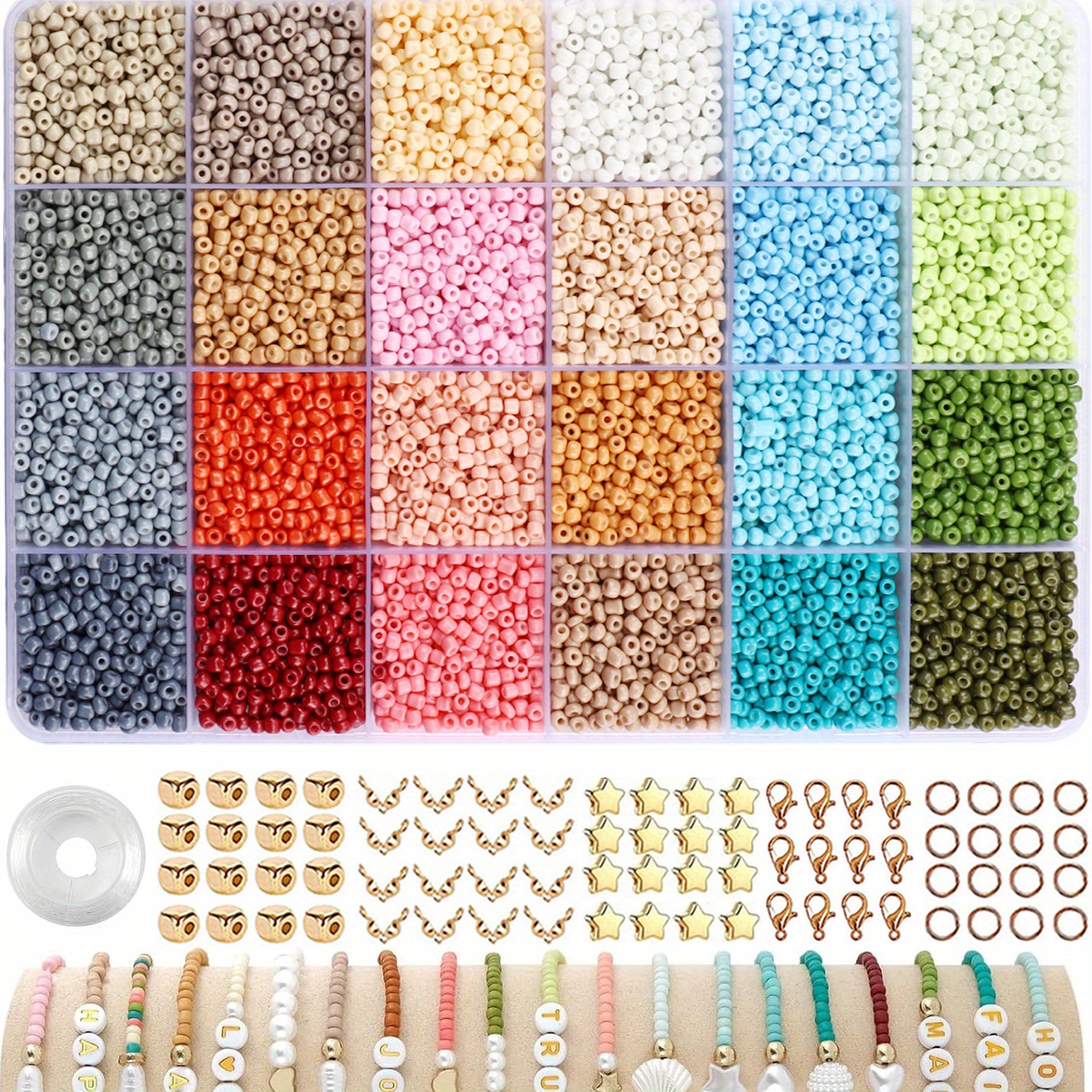 

1000pcs-13200pcs Glass Bead Jewelry Making Kit, Diy Craft Beading Set, 24 Colors, With String, Charms, And Findings For Bracelet & Necklace Projects