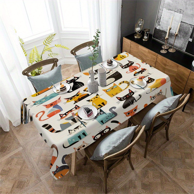 

Jit1pc Cat Pattern Polyester Tablecloth, Woven Machine Made, Rectangular, Durable Stain Resistant Table Cover For Festive Gatherings And Home Decor