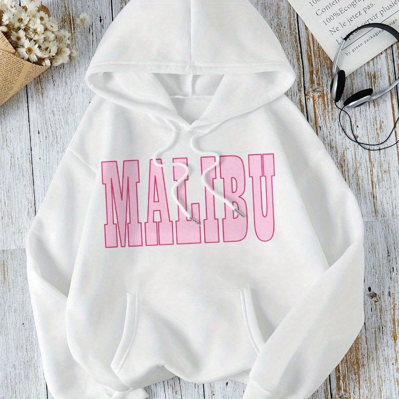 

Malibu Print Kangaroo Pocket Hoodie, Casual Long Sleeve Drawstring Hoodies Sweatshirt, Women's Clothing