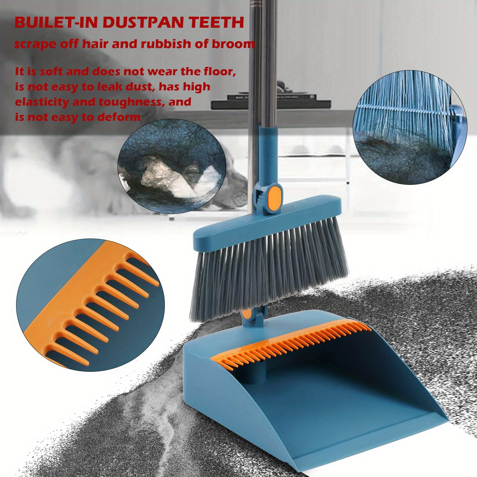 

Ergonomic Stand-up Dustpan And Broom Set With Long Handle - Perfect For Office, Kitchen, And Lobby Floor Cleaning