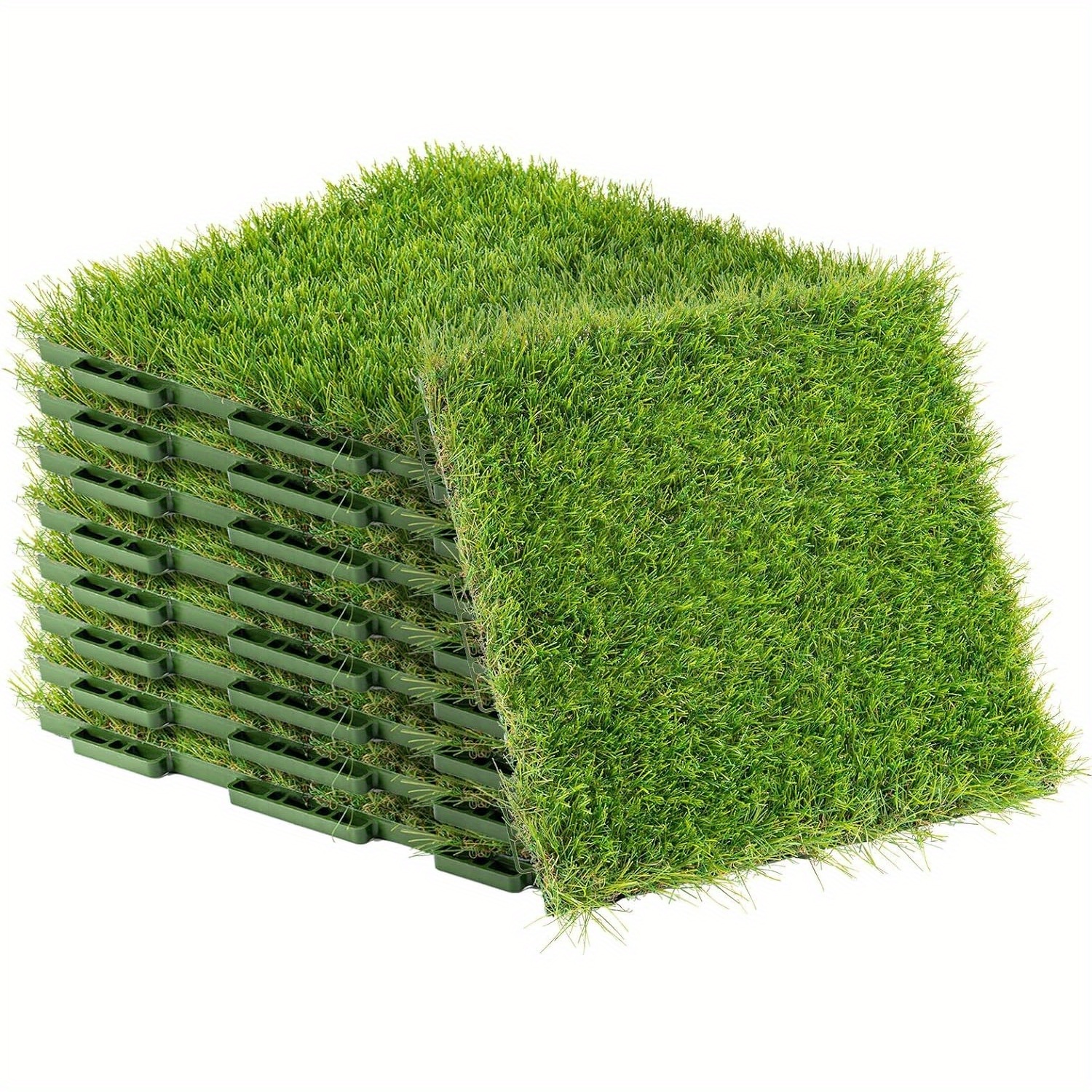 

1.57" H Interlocking Artificial Grass Tiles, 12" X 12" 9 Pcs Fake Grass Deck Turf Tiles With Upgrade Interlocking System Self-draining Faux Grass Tiles For Pet Indoor/outdoor, Backyard, Patio