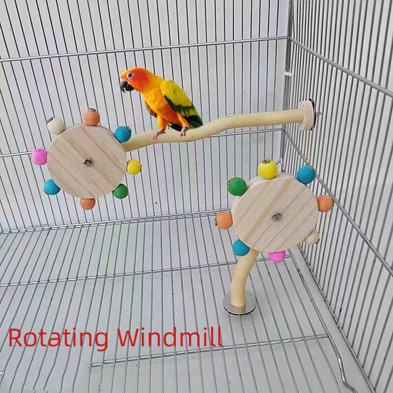 

Rotating Windmill Bird Toy: Parrot Cage Pole Puzzle Game For Birds - Natural Wood Material