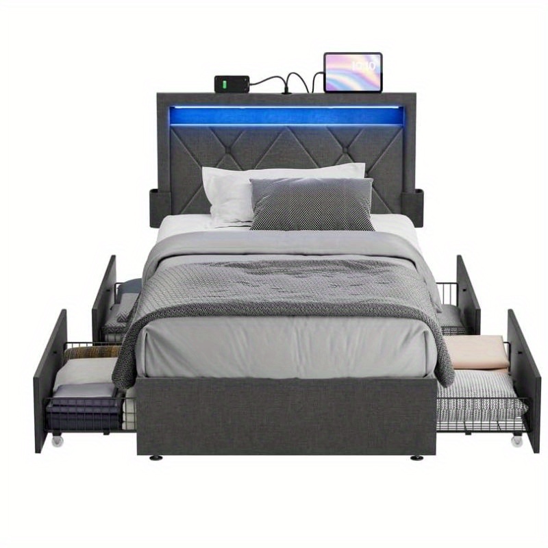 

Led Bed Frame Twin Size With Headboard And 4 Drawers, 1 Usb Port And 1 Type C Port, Adjustable Upholstered Headboard, No Box Spring Needed