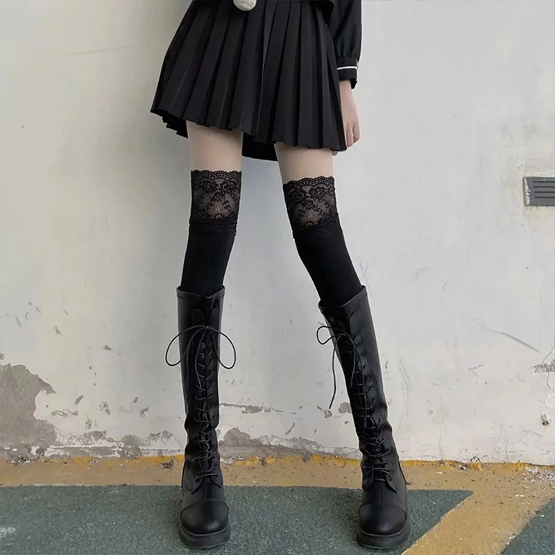 

Lace Top Thigh High Stockings, Sweet Jk Style Slim Fit Over The Knee Socks For Fall & Winter, Women's Stockings & Hosiery