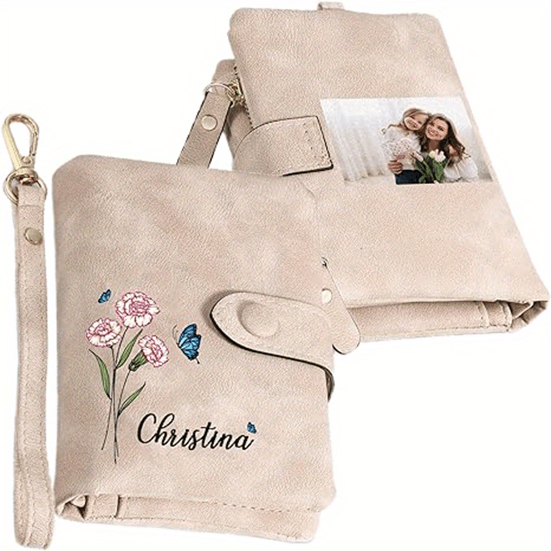 

Custom Engraved Women's Wallet By Ctuer - Personalized Pu Leather With Name & Birth Flower, Includes Wrist Strap & Credit Card Holder - Perfect Gift For Her
