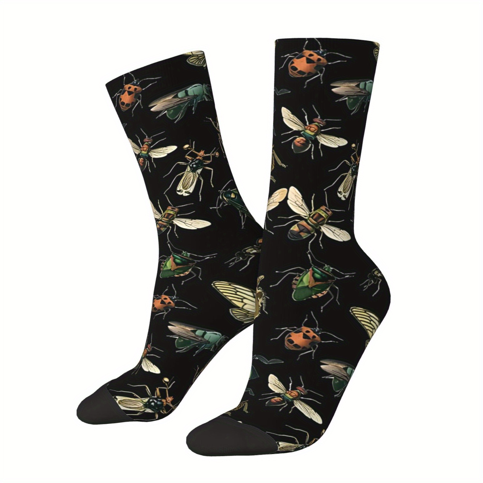 TEMU 1 Pair Men's Insect-themed Novelty Socks - Print With Ladybugs, Beetles, Dragonflies & - Black & Green Mid-calf Crew Socks For Casual Wear, Themed Parties, Outdoor Activities - Funny Gift & S