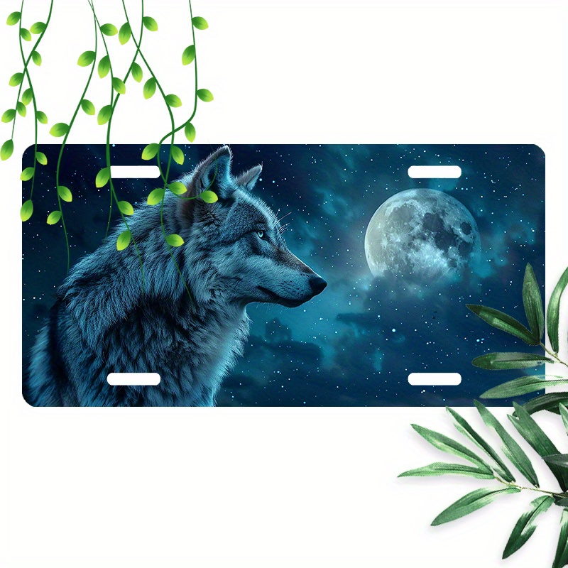 

Aluminum License Plate With Wolf & Full Moon Design, Decorative Car Tag 6x12 Inch With Pre-drilled Holes For Easy Mounting, Weather-resistant Automotive Accessory For Vehicle Customization