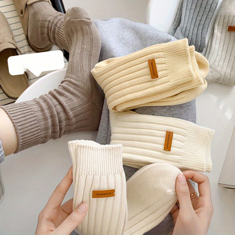 

3 Pairs Label Patched Crew Socks, Japanese Style Thick Warm Mid Tube Socks For Fall & Winter, Women's Stockings & Hosiery