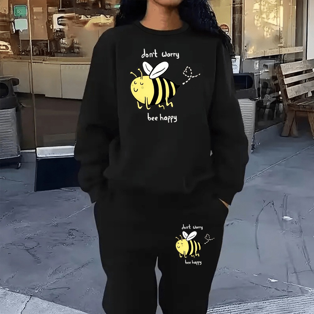 

Plus Size Women's Casual Sweatshirt Set - Cozy Fleece-lined Long Sleeve Pullover & Joggers With Bee , Round Neck, Machine Washable - Elegant Polyester Knit Outfit, Outfit|relaxed |coordinated Set