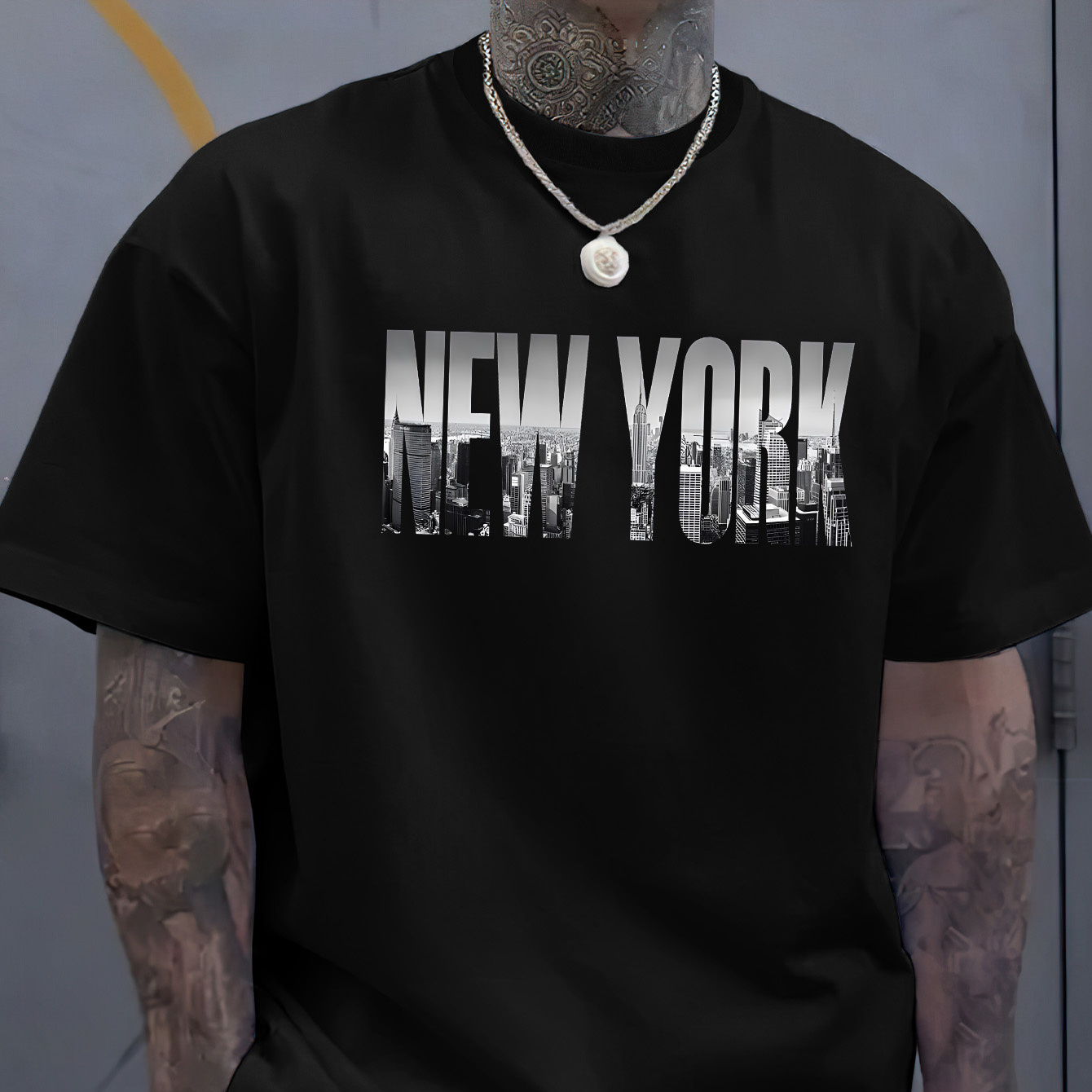 

Men's Casual Versatile Summer T-shirt - New York & City Landscape Print Short Sleeve Crew Neck Comfy Tees As Gift