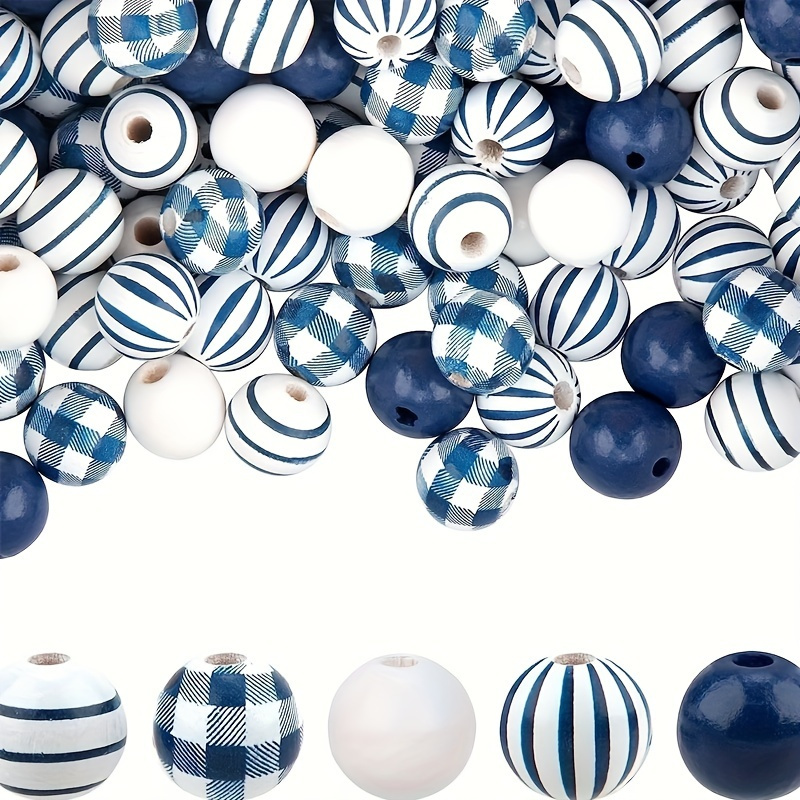 TEMU 50pcs 16mm Polished Blue Wooden Beads Striped Beads For Holiday Gifts Home Decoration Bracelets, Key Chains, Mobile Phone Chains And Other Craft Supplies