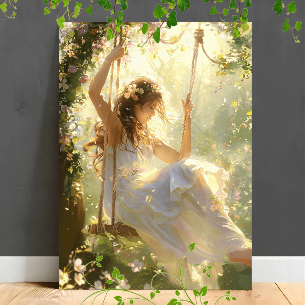

1pc Wooden Framed Canvas Painting Artwork Very Suitable For Office Corridor Home Living Room Decoration Suspensibility A Young Woman In A Flowing White Dress Is Sitting On A Swing Adorned With Flower