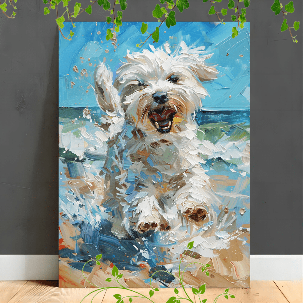 

1pc Wooden Framed Canvas Painting Artwork Very Suitable For Office Corridor Home Living Room Decoration Suspensibility Joyful White Dog Running On Beach, Waves In Background, Vibrant And Energetic Sc