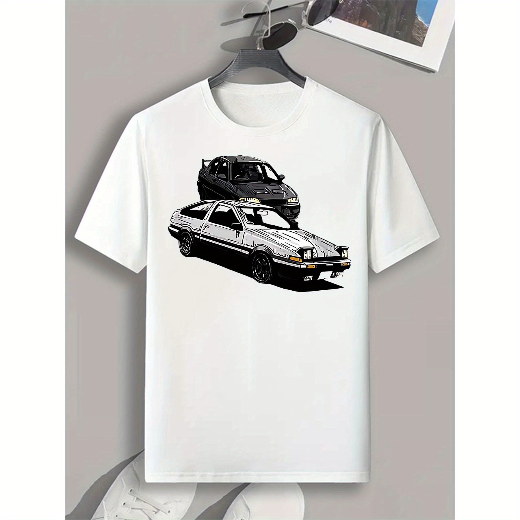 

Men's Casual & Stylish T-shirt, 2 Car Print T-shirt For Sports & Exercise