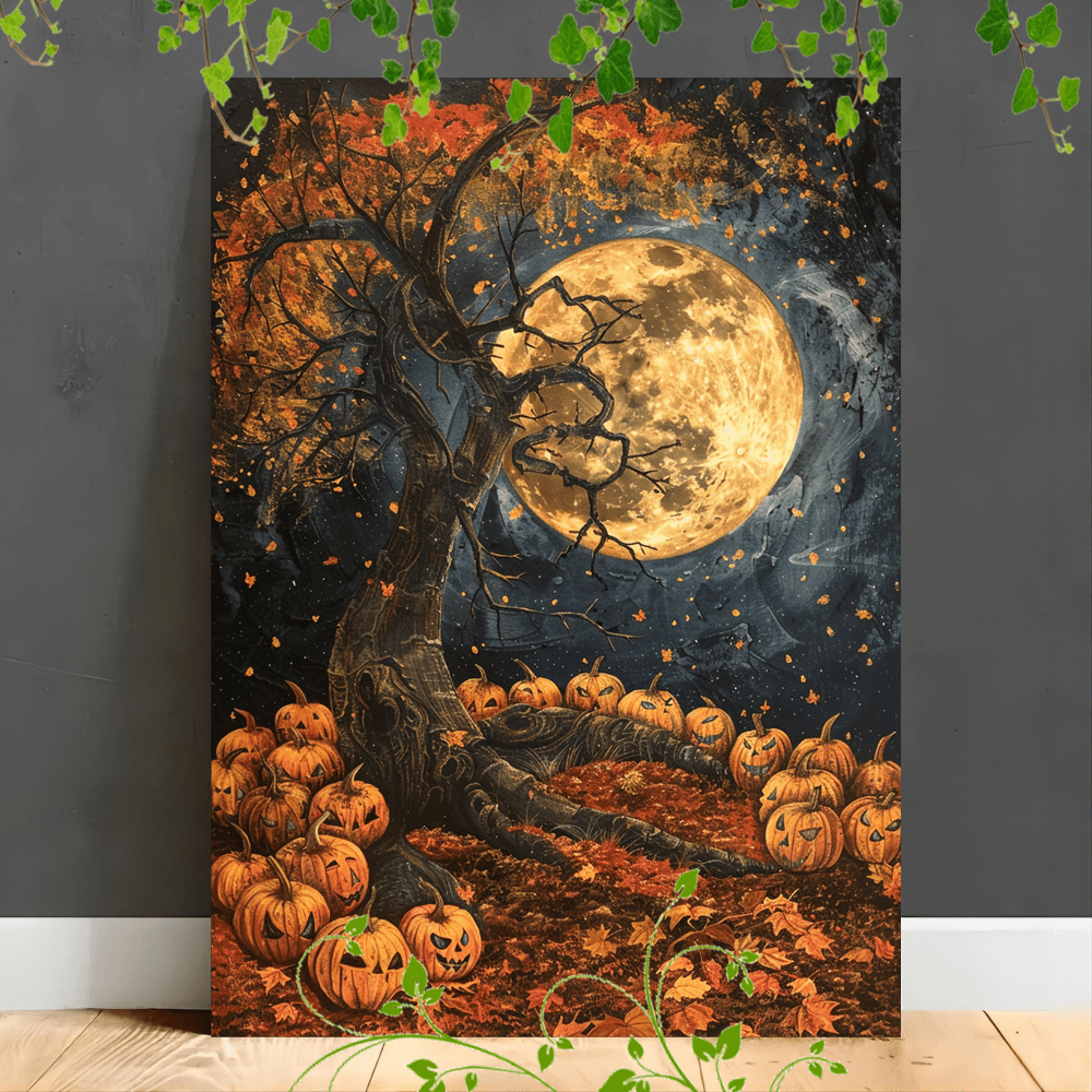

1pc Wooden Framed Canvas Painting Artwork Very Suitable For Office Corridor Home Living Room Decoration Suspensibility Pumpkin Patch, Autumn Leaves, Large Moon, Twisted Tree, Halloween Theme