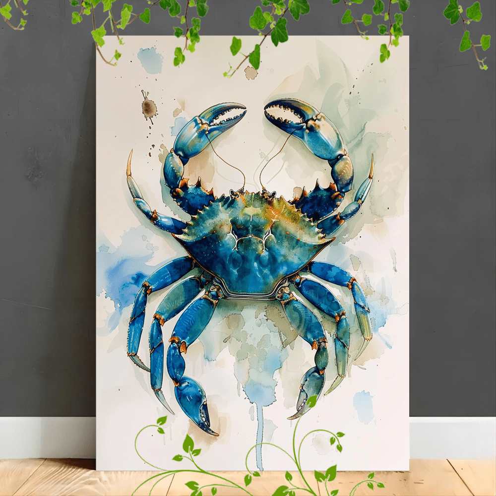 

1pc Wooden Framed Canvas Painting Artwork Very Suitable For Office Corridor Home Living Room Decoration Suspensibility Watercolor Crab, Blue And Green Hues, Minimalistic Style, White Background