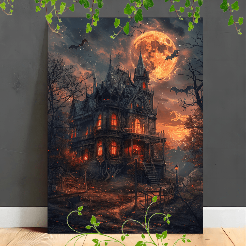 

1pc Wooden Framed Canvas Painting Haunted House, Full Moon, Eerie Lighting, Gothic Architecture, Bare Trees, Spooky Atmosphere, Flying Bat
