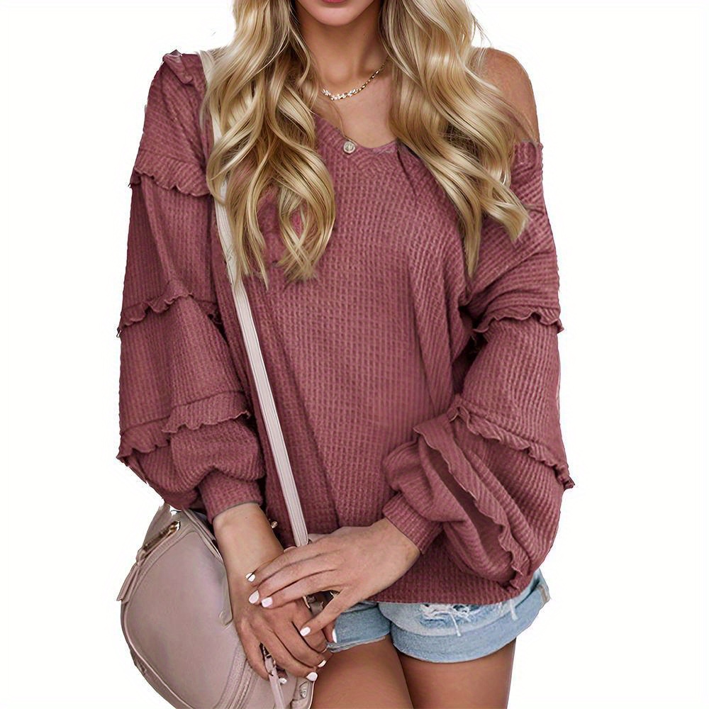 

Solid V Neck Waffle T-shirt, Casual Long Sleeve Baggy Ruffle Trim T-shirt For Spring & Fall, Women's Clothing