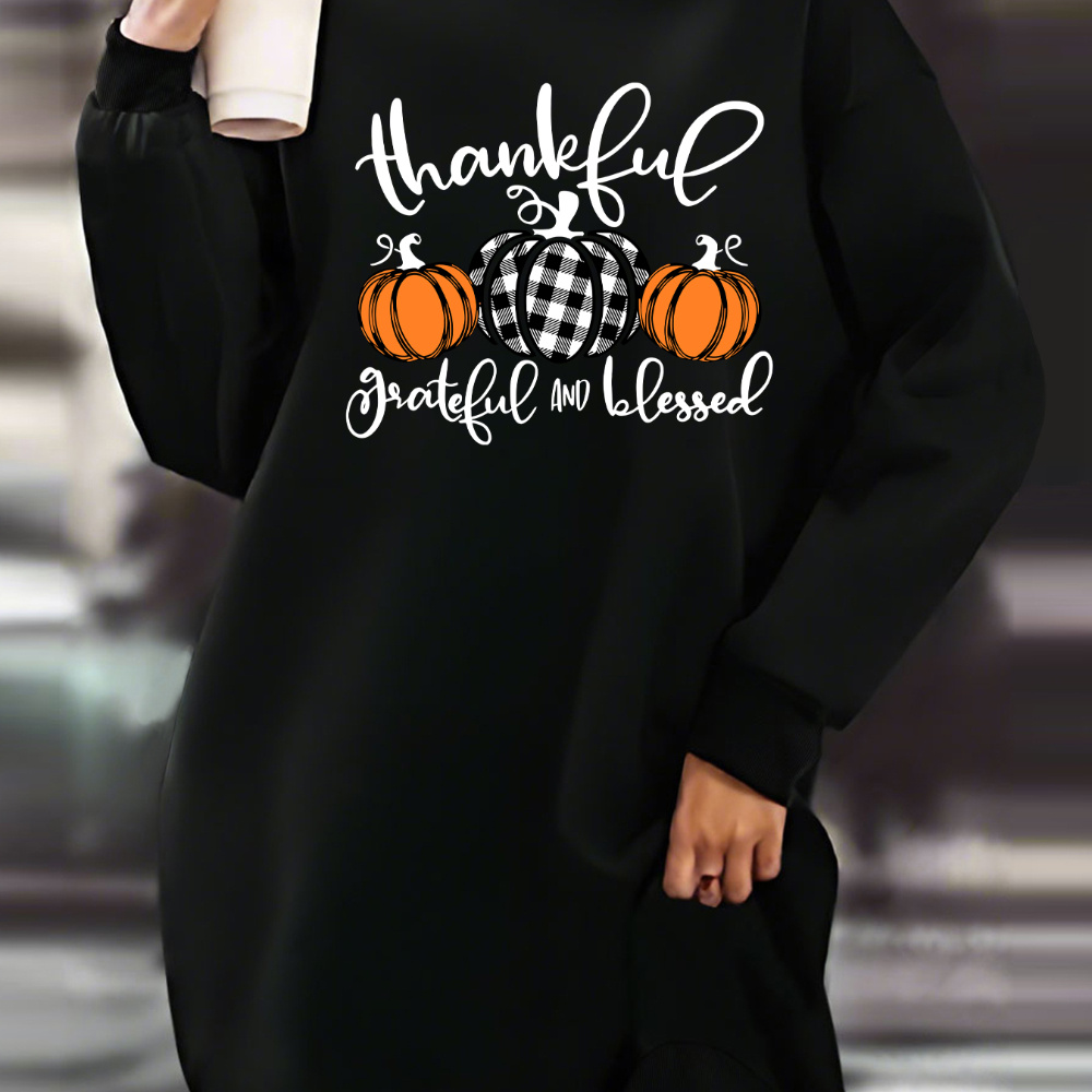 

Plus Size Letter & Pumpkin Print Sweatshirt Dress, Casual Loose Fit Long Sleeve Crew Neck Dress For Fall & Winter, Women's Plus Size Clothing