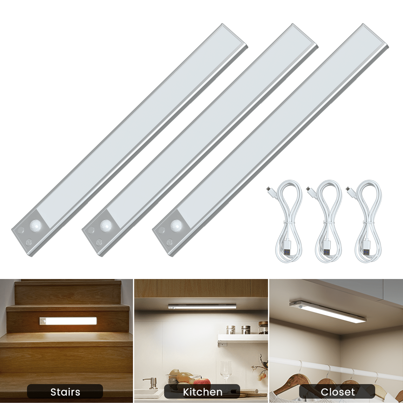 

3 Pack Ulg 12in Under Cabinet Lights Motion Sensor, 47 Led Closet Lights With Usb-c Rechargeable Cabinet Lighting, Wireless 6000k Dimmable Under Counter Lights For Kitchen, Hallway, Stairway
