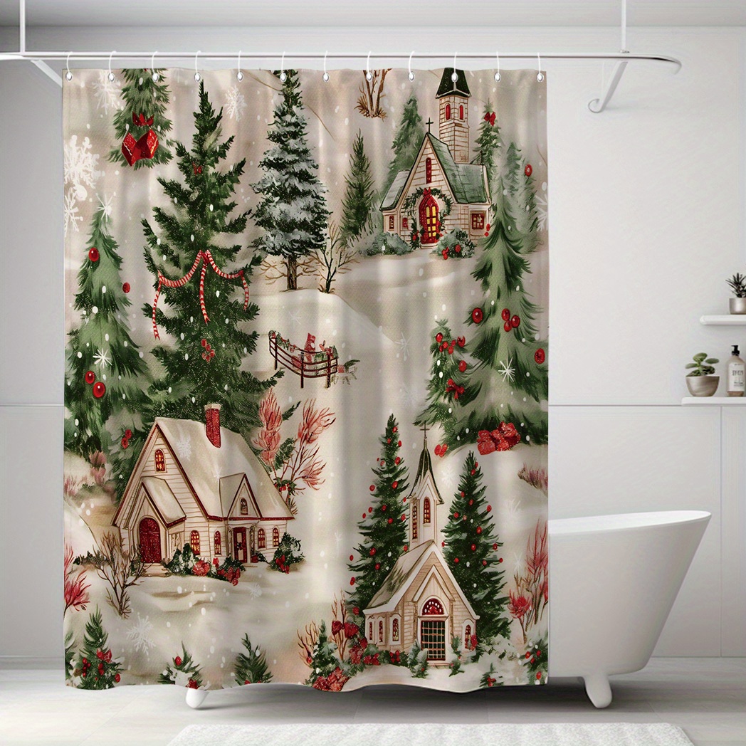 

Christmas Tree & House Print Shower Curtain - Waterproof Polyester With 12 Hooks, Machine Washable, Festive Bathroom Decor, 71x71 Inches Shower Curtain Sets For Bathrooms Shower Curtain For Bathrooms