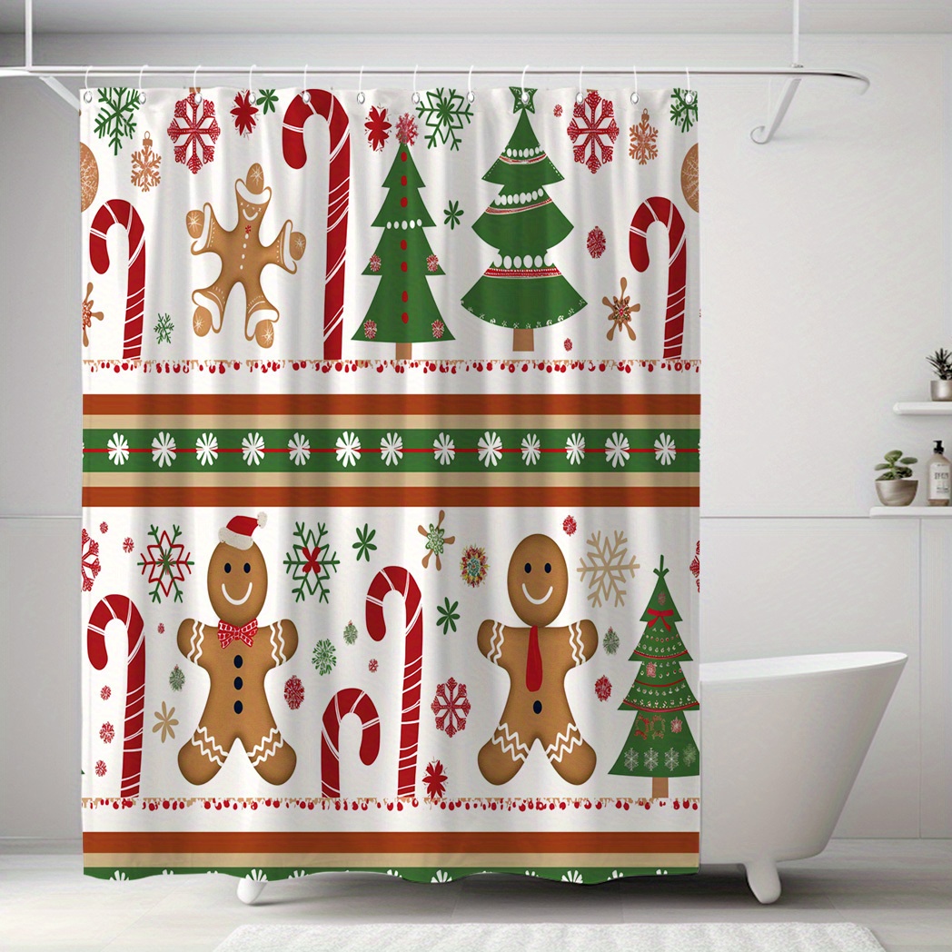 

Festive Christmas Shower Curtain: 71" X 71" Jingle Bell Gingerbread Men & Christmas Trees - 12 Free Hooks Included - Waterproof Polyester - Perfect For Your Bathroom Decor
