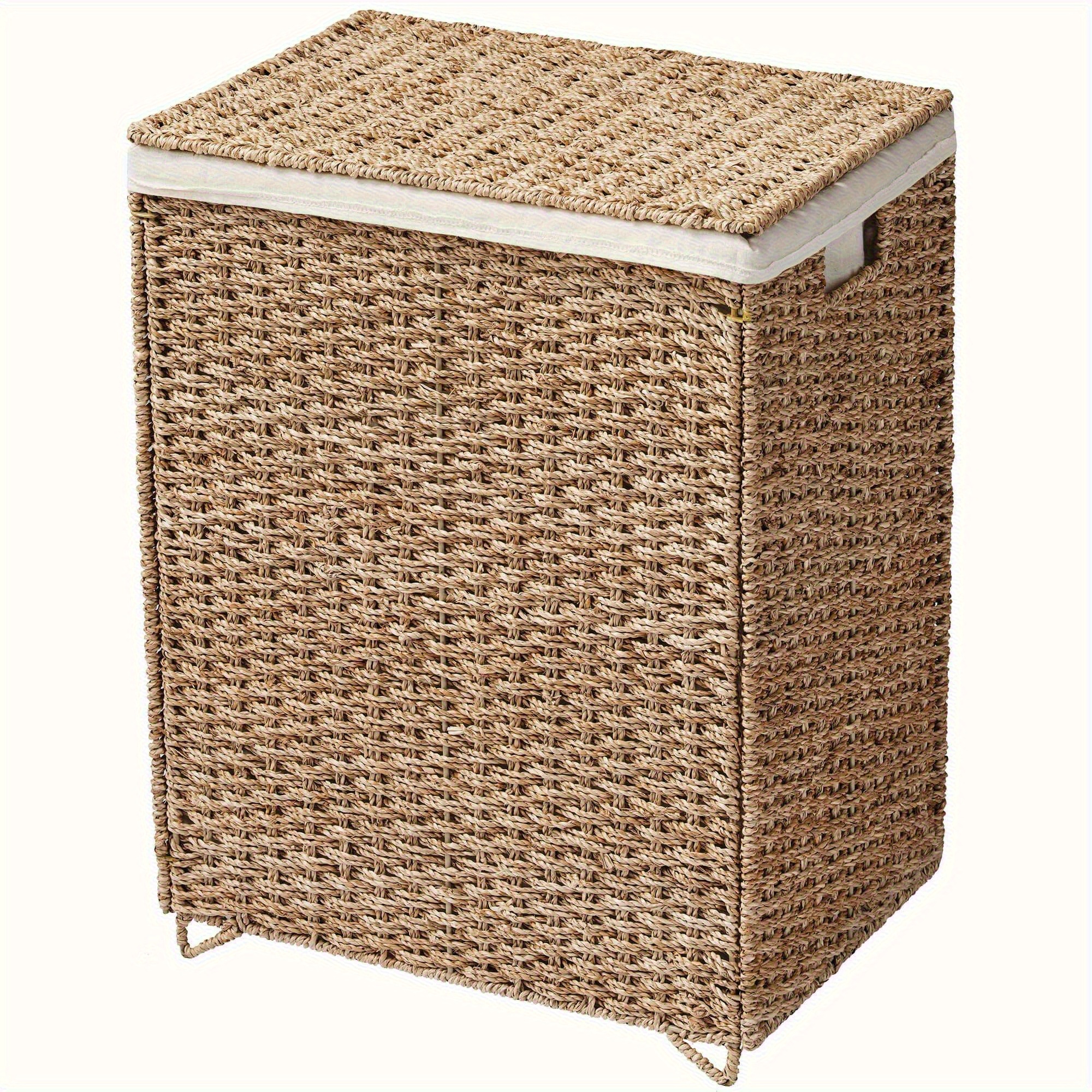 

1pc, 90l Laundry Hamper With Lid - 23.8 Gal Natural Seagrass Hand Woven Laundry Basket Organizer With Removable Liner, Foldable Rattan Clothes Hamper Toys Storage Bin For Bathroom, Bedroom