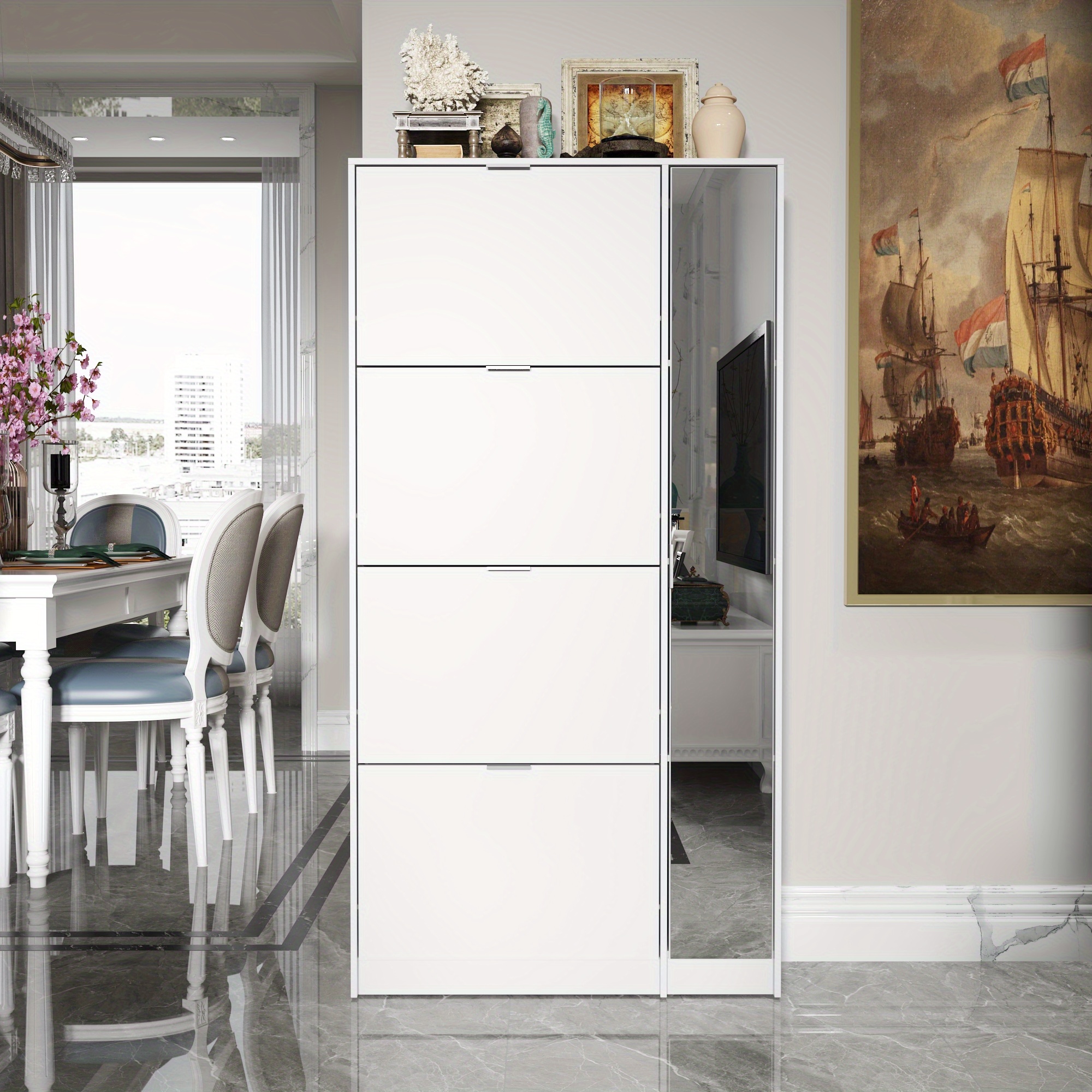 TEMU Shoe Cabinet, Storage Cabinet With 4 Drawers And Mirror, Large Storage Capacity, With A Simple And Stylish Design, White