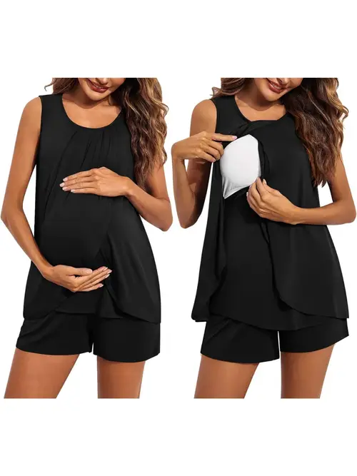 maternity nursing pajama set for women breastfeeding sleepwear double layer sleeveless top shorts pregnancy pjs