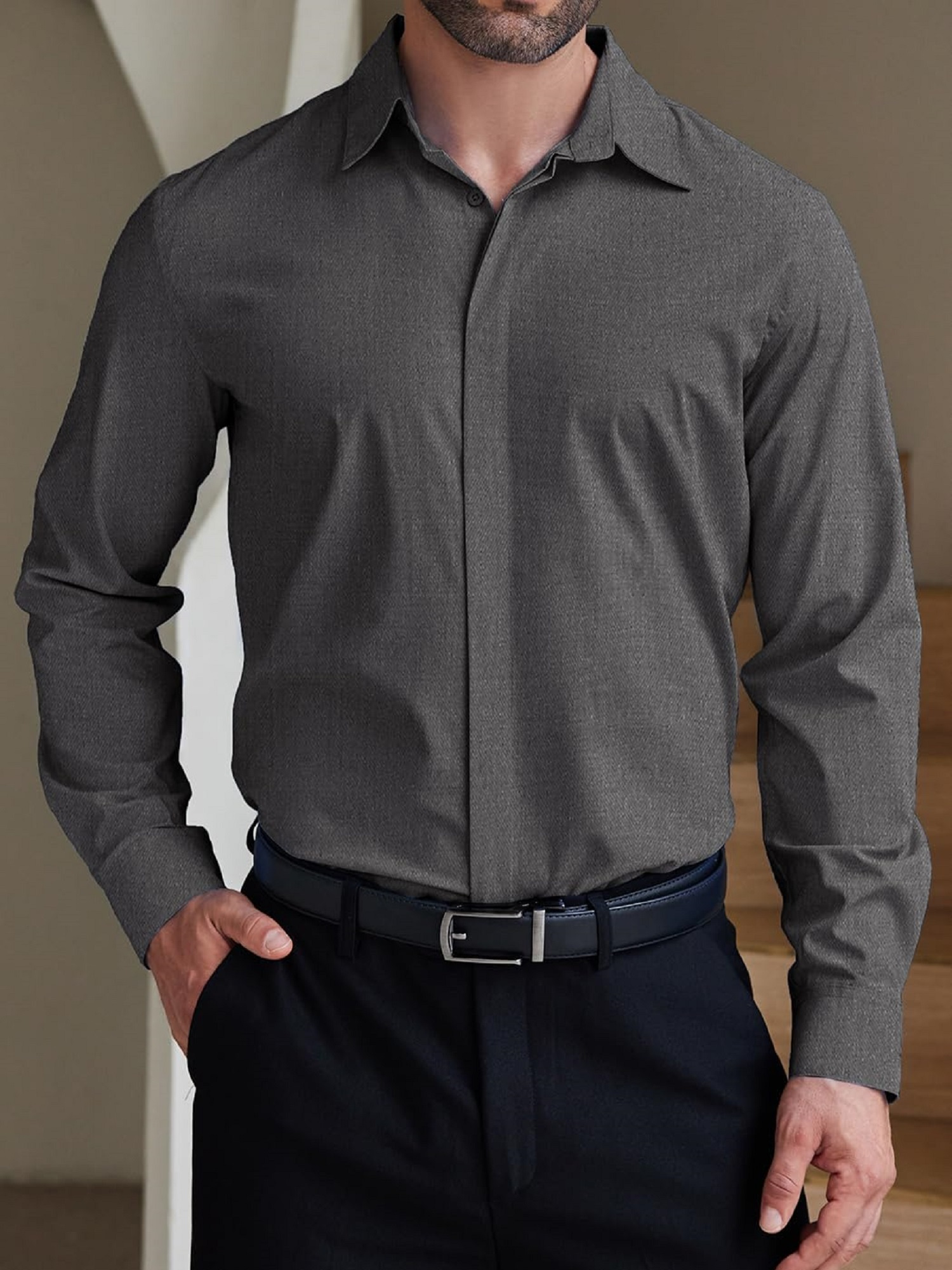 dark grey mens dress shirt Traveler Stretch Dress Shirt in Charcoal Micro Check M / Tall / Charcoal Micro Check main image 0