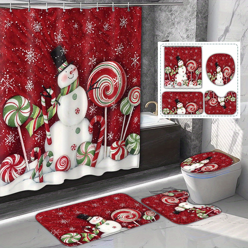 

Festive Christmas Snowman Candy Print Shower Curtain Set With 12 Hooks, Bathroom Rugs, Toilet Seat Cover, And U-shaped Mat - Waterproof Polyester Fabric