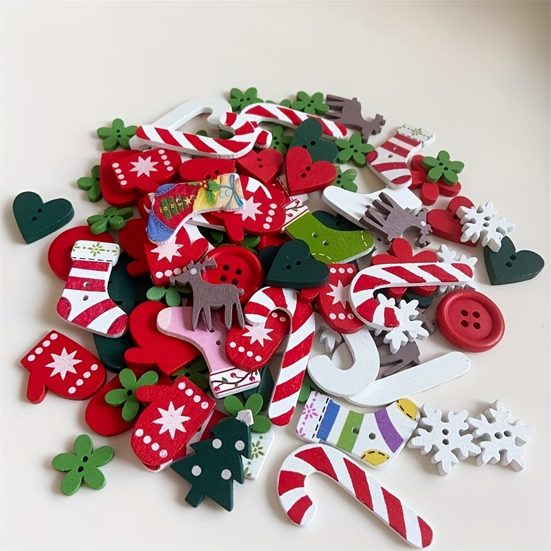 

25 Pcs Assorted Christmas Wooden Buttons Set – Festive Xmas Trees, Snowflakes, Mittens & More - Holiday Craft Supplies For Diy Sewing And Scrapbooking