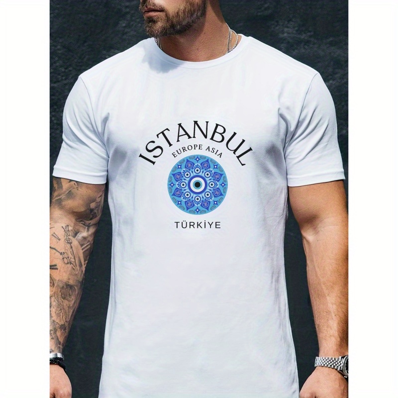 

City Of Turkey And Europe Asia Print Men's Summer Breathable Crew Neck T-shirt - Simple Casual Style With Comfy Short Sleeves - Perfect For Everyday Life & Outdoor Activities