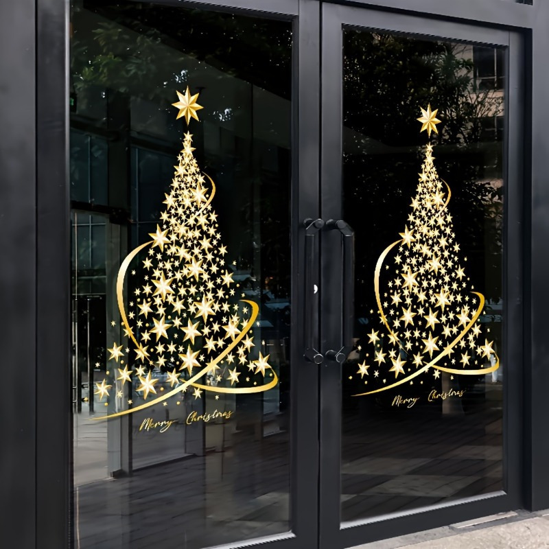 1 Pack Glittering Golden Christmas Tree Window Stickers - DIY  , Reusable Static Clings for Glass Doors & Walls, Create a Festive Mural Showcase Decal, Seasonal Home Decor, Holiday Decorations, Classic Holiday Design, Easy Application, Durable Plastic, Holiday Enthusiasts,  