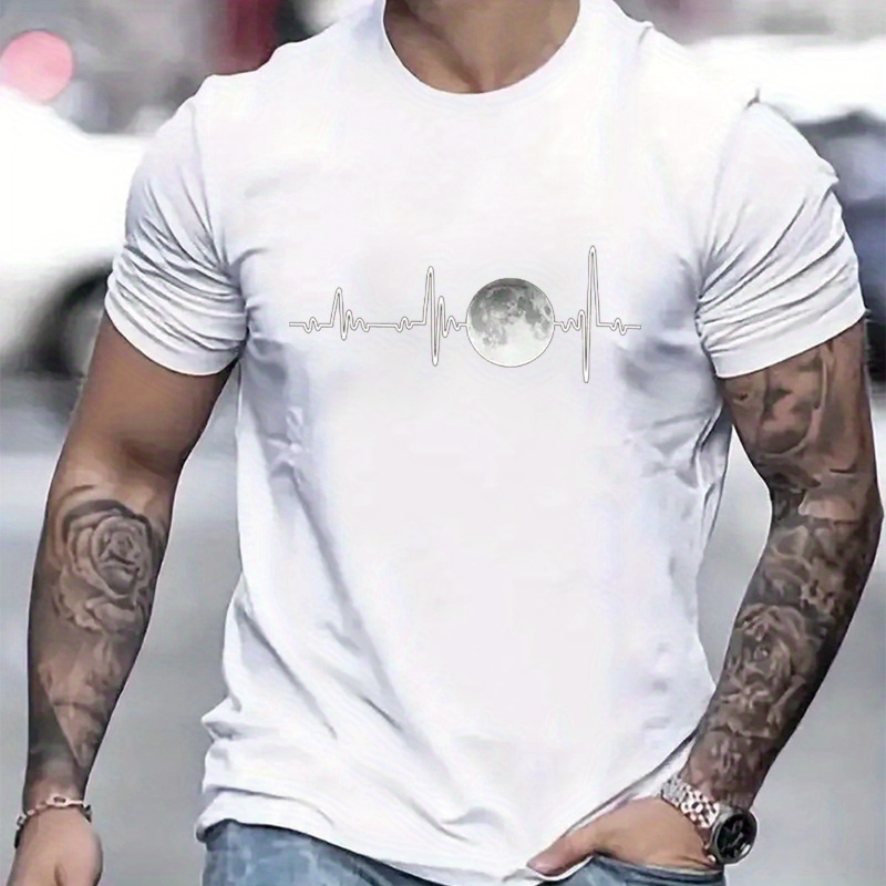 

Universe Heartbeat Print Short Sleeved T-shirt, Casual Comfy Versatile Tee Top, Men's Everyday Spring/summer Clothing