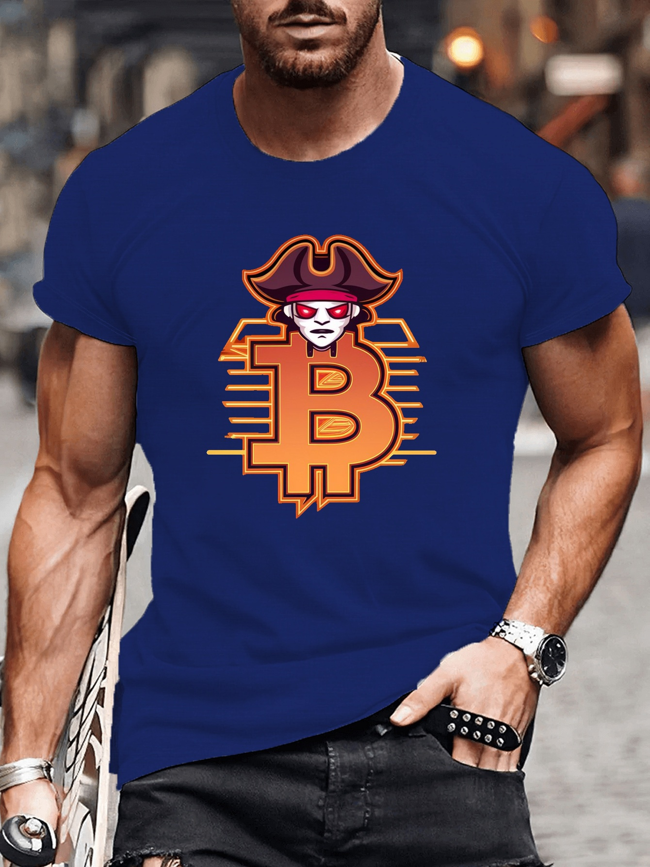 남성을 위한 해적 비트코인 로고 티셔츠 캐주얼한 여름 니트 폴리에스테르 티 기하학적 프린트 라운드 넥 반팔 - Temu Republic  of Korea