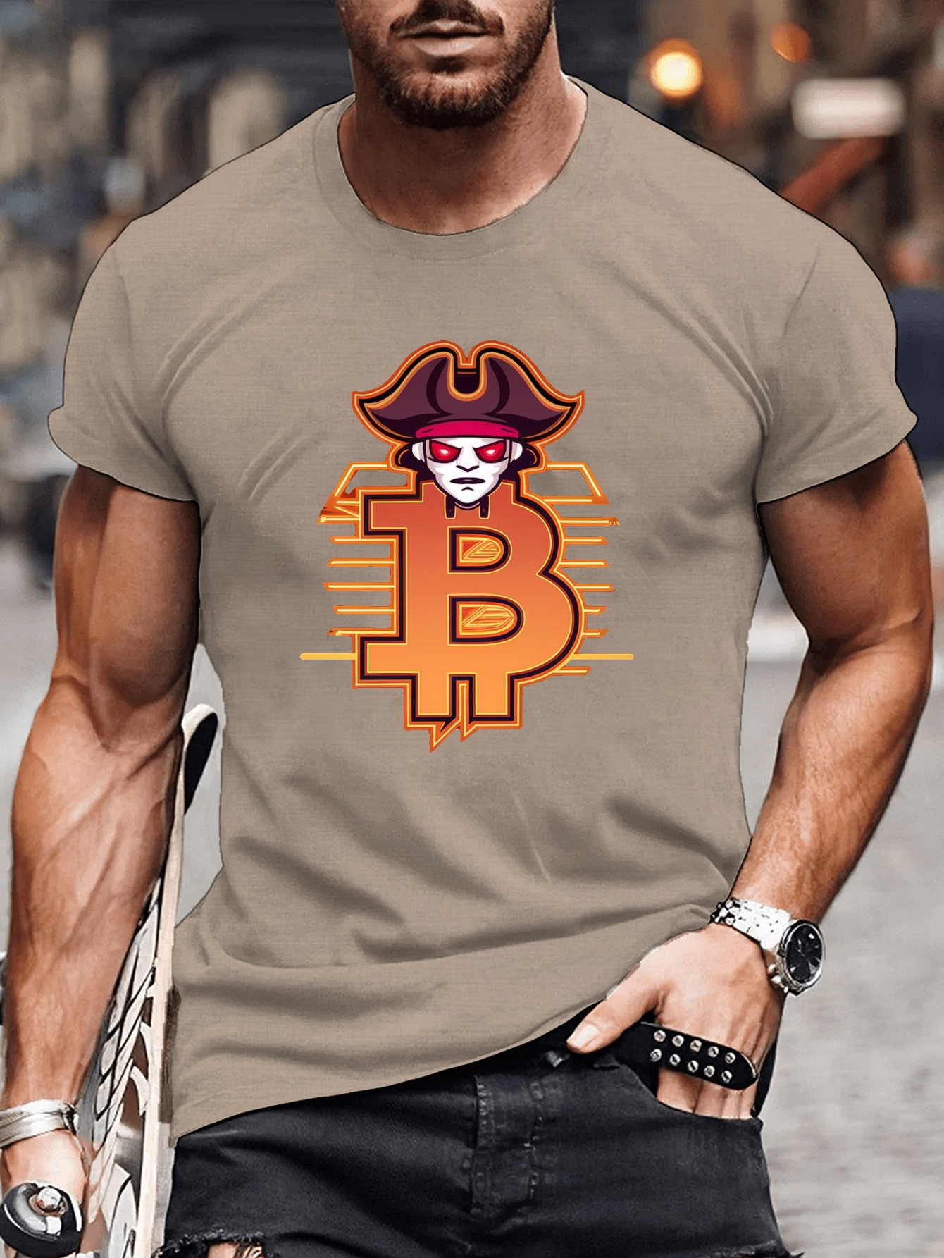 남성을 위한 해적 비트코인 로고 티셔츠 캐주얼한 여름 니트 폴리에스테르 티 기하학적 프린트 라운드 넥 반팔 - Temu Republic  of Korea