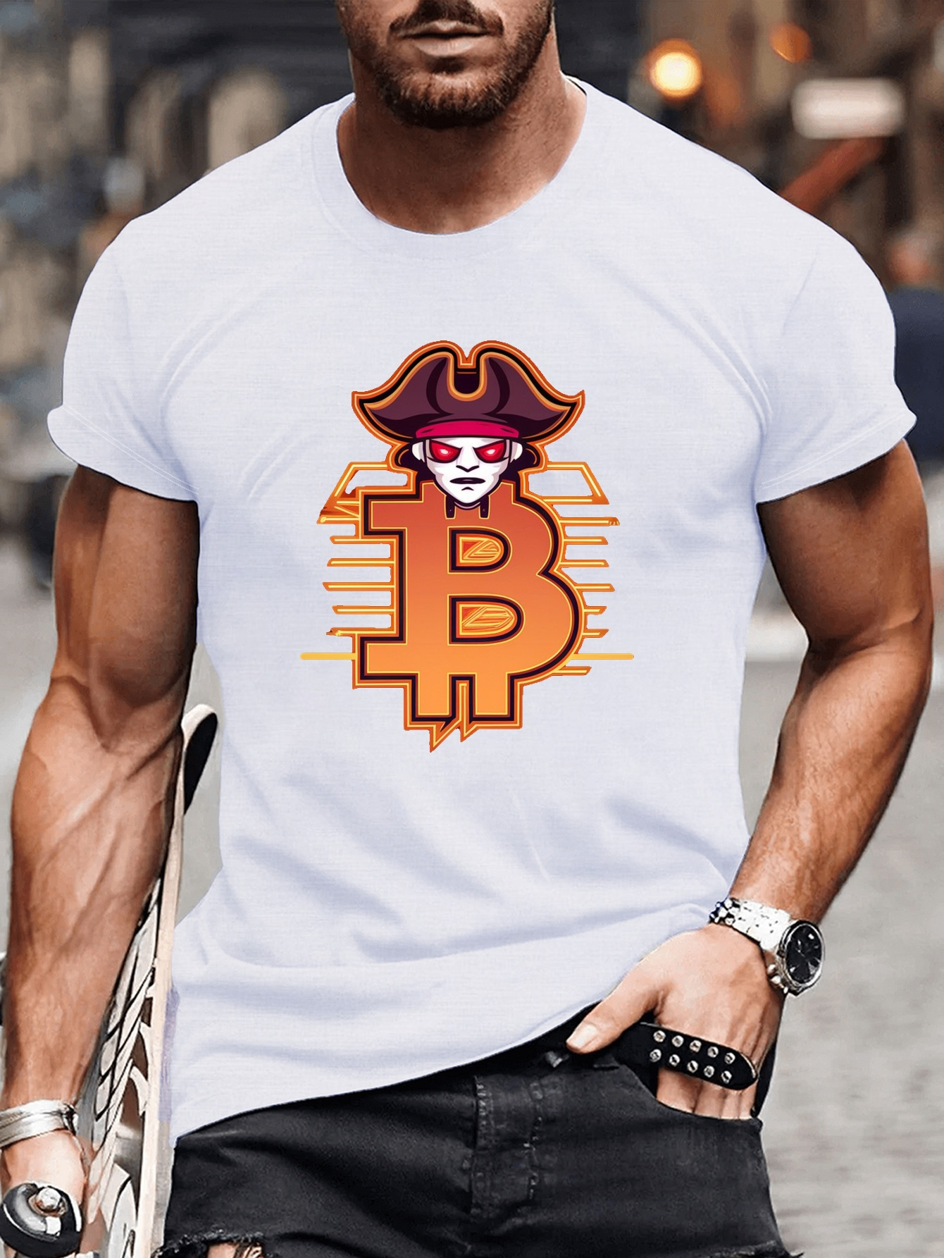 남성을 위한 해적 비트코인 로고 티셔츠 캐주얼한 여름 니트 폴리에스테르 티 기하학적 프린트 라운드 넥 반팔 - Temu Republic  of Korea