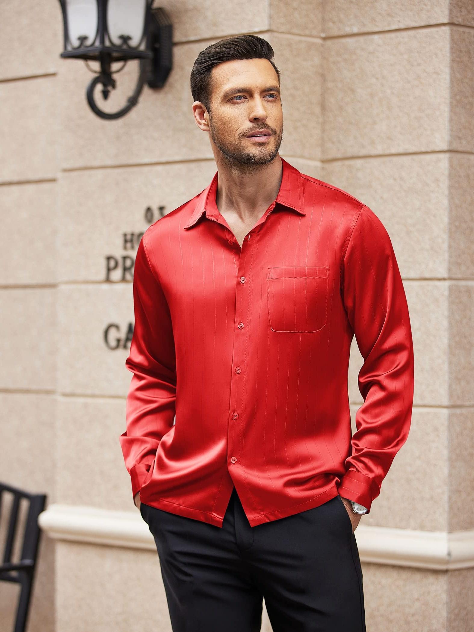 mens luxury dress shirt shiny silky like long sleeve - Temu