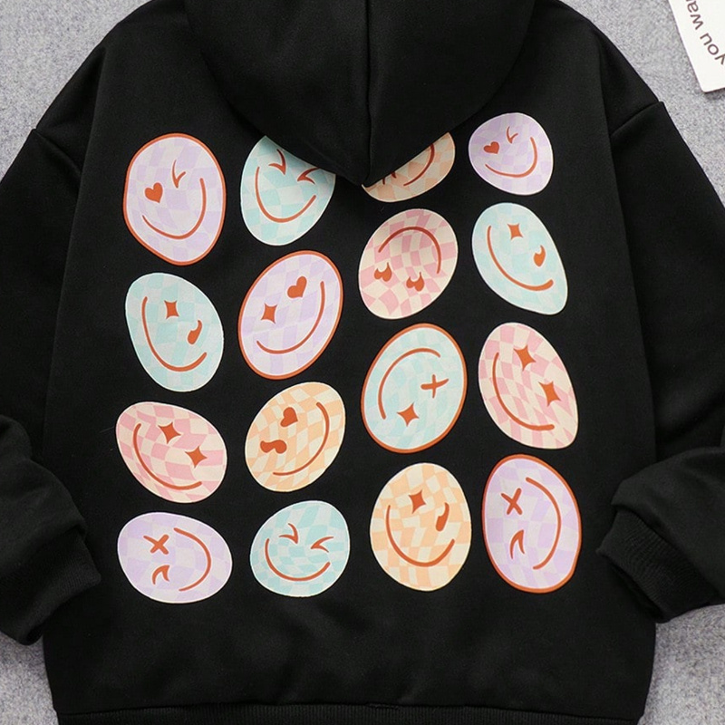 

Smiling Face Print Hoodie, Casual Long Sleeve Kangaroo Pocket Hooded Sweatshirt, Women's Clothing