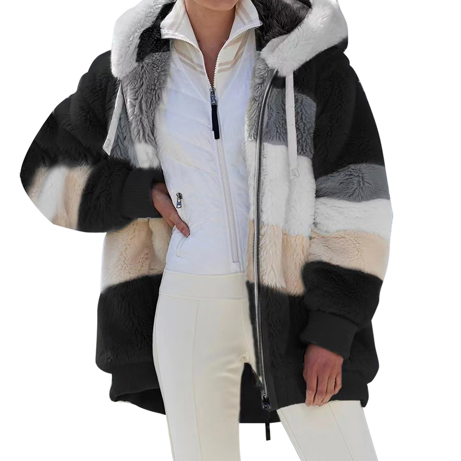 

Women's Casual Patchwork Hooded Coat, 100% Polyester Knit Fabric, Long Sleeve Zip-up Plush Jacket With Drawstring For Fall/winter