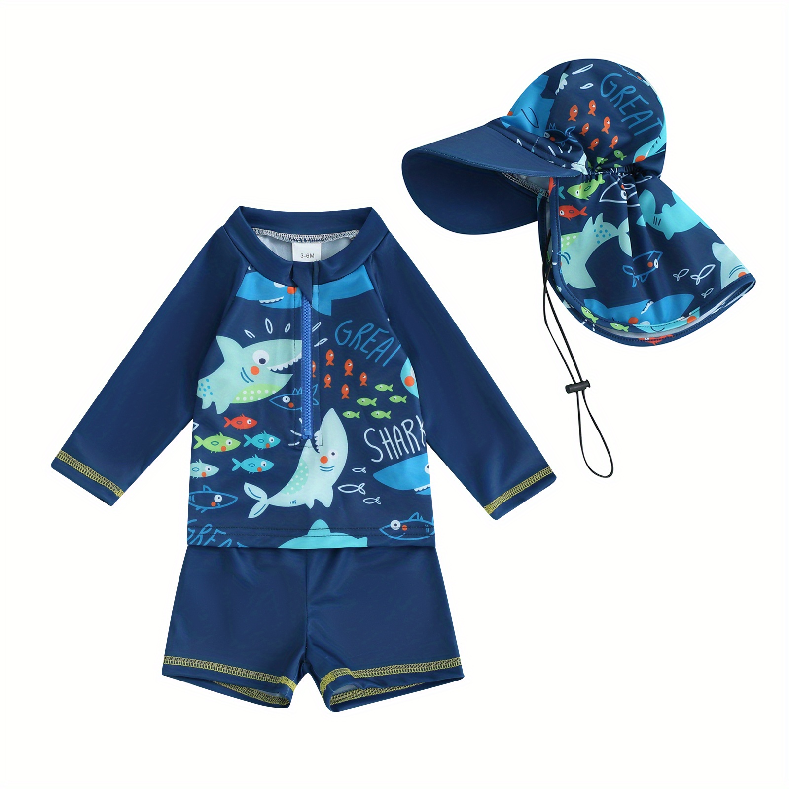 

Baby Boy 3pcs Rash Guard Swimsuits Cute Fish Print Long Sleeve Zip Up Bathing Suit Swimwear