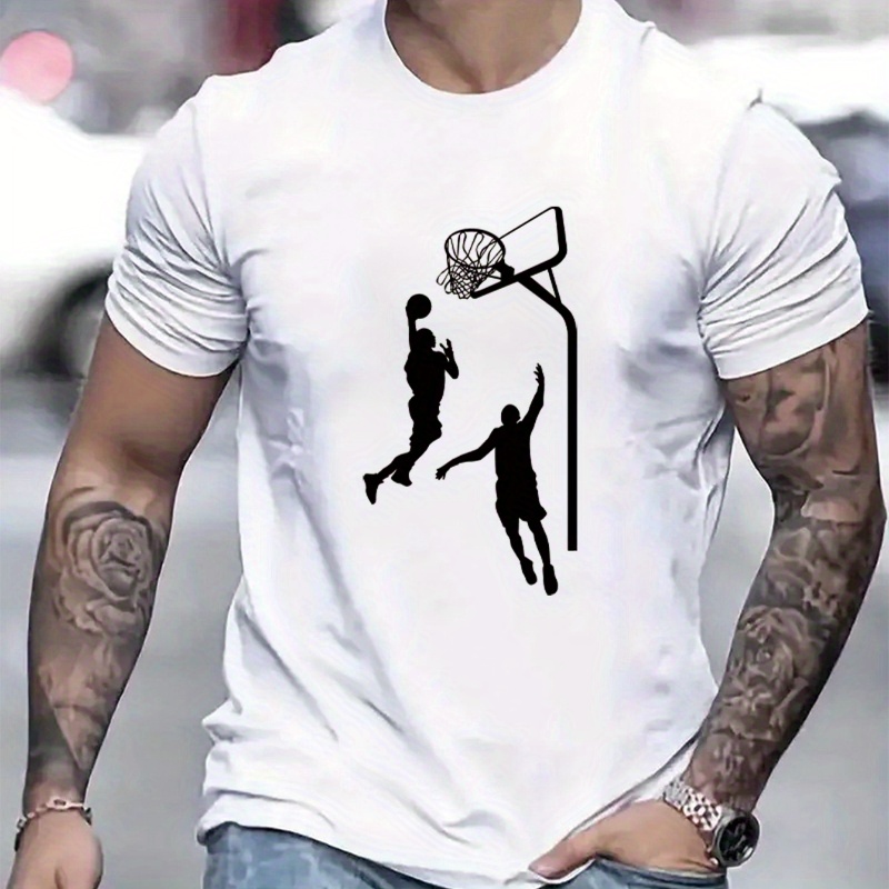 

Basketball Jumping Silhouettes Print Short Sleeved T-shirt, Casual Comfy Versatile Tee Top, Men's Everyday Spring/summer Clothing