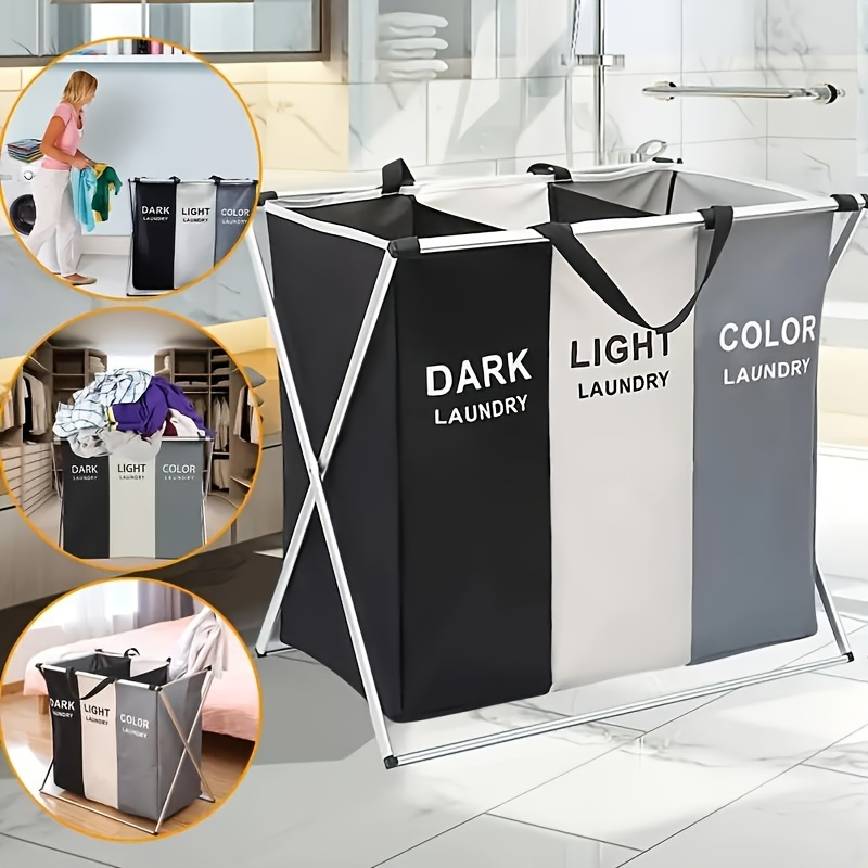 

Office Sorting 3 Section Laundry Basket Printed , Foldable Hamper/sorter With Waterproof Oxford Bags And Aluminum Frame, Washing Clothes Storage For Home, Dormitary